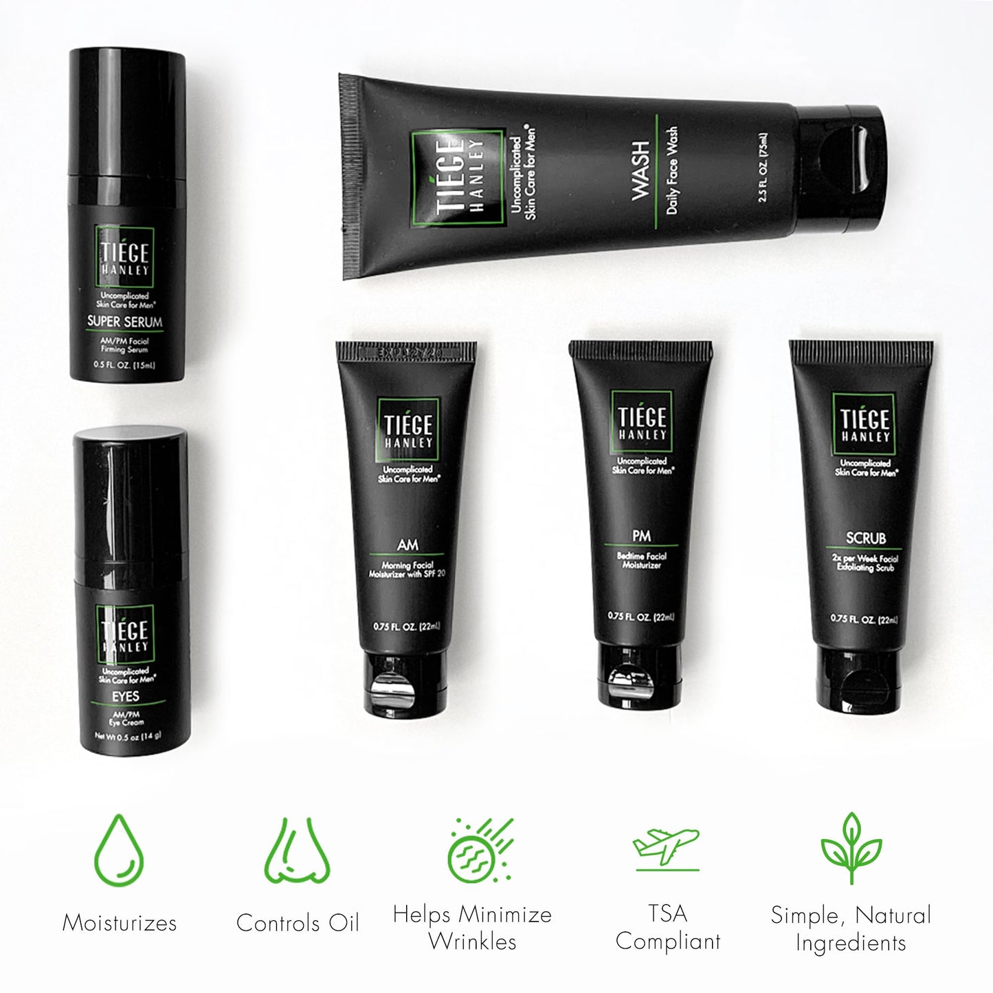 Tiege Hanley Essential Men's Skin Care Set, 30-Day, 4 Piece Kit | Level 1 Essential Routine, Daily Face Wash, Facial Scrub, AM SPF & PM Moisturizers