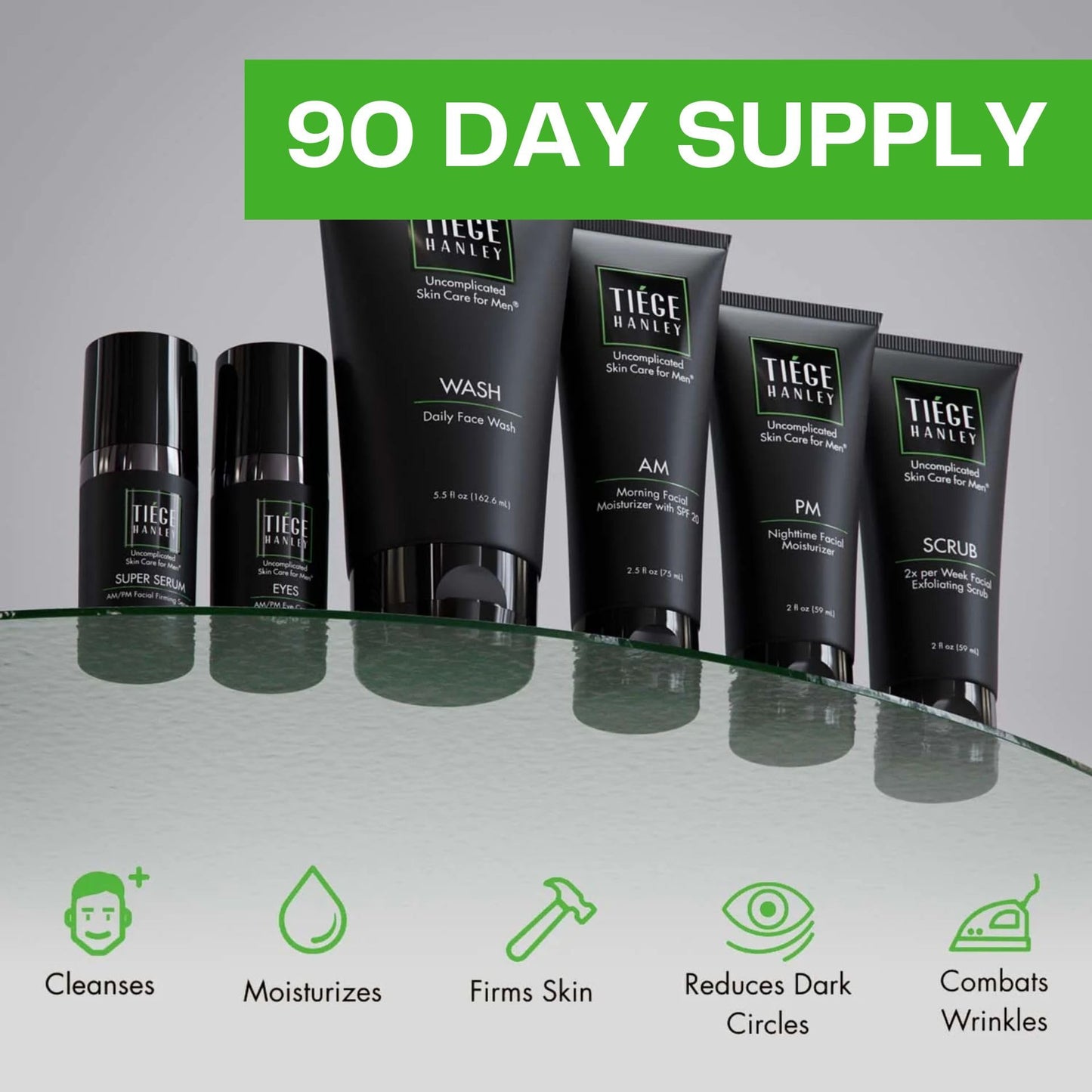Tiege Hanley Essential Men's Skin Care Set, 30-Day, 4 Piece Kit | Level 1 Essential Routine, Daily Face Wash, Facial Scrub, AM SPF & PM Moisturizers