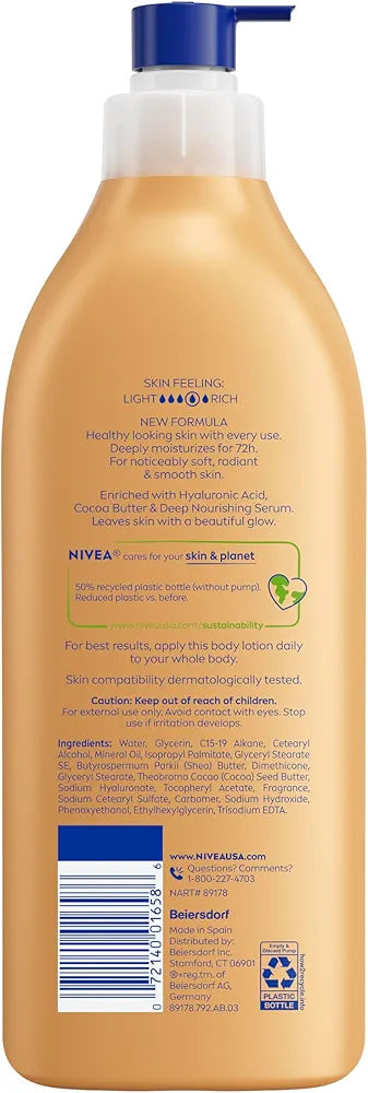 NIVEA Cocoa Butter Body Lotion for Dry Skin with Hyaluronic Acid and Deep Nourishing Serum, 72-Hour Moisturizing Formula, 16.9 Fl Oz Pump Bottle