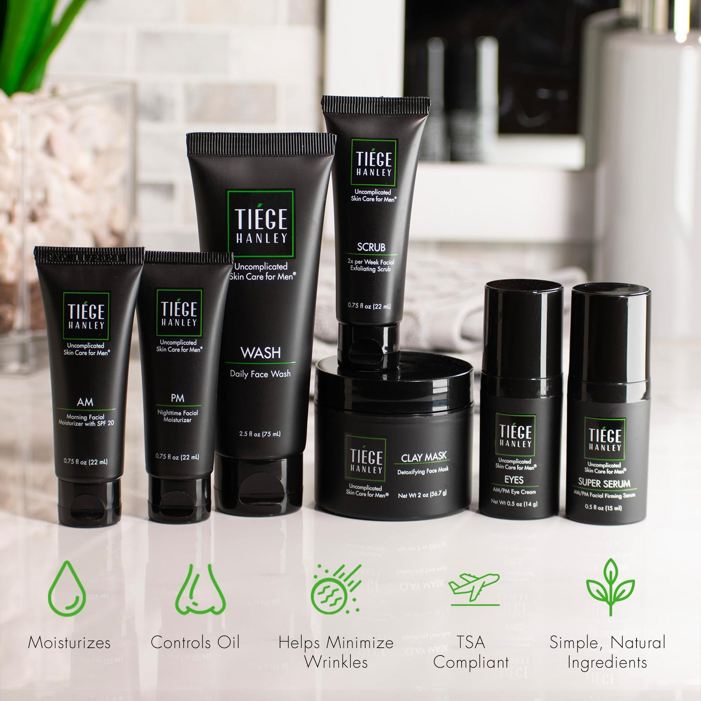 Tiege Hanley Essential Men's Skin Care Set, 30-Day, 4 Piece Kit | Level 1 Essential Routine, Daily Face Wash, Facial Scrub, AM SPF & PM Moisturizers