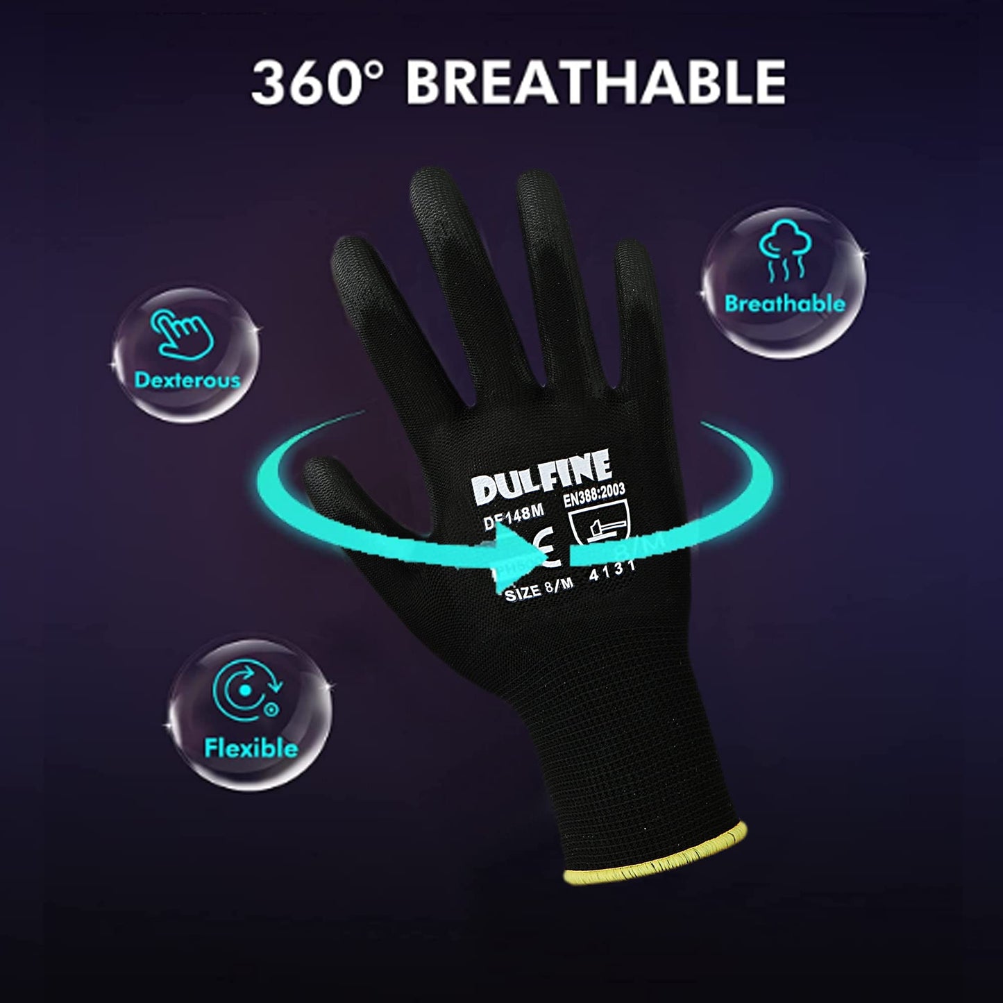 DULFINE Safety Work Gloves for Men & Women, PU Coated Seamless Knit Grip