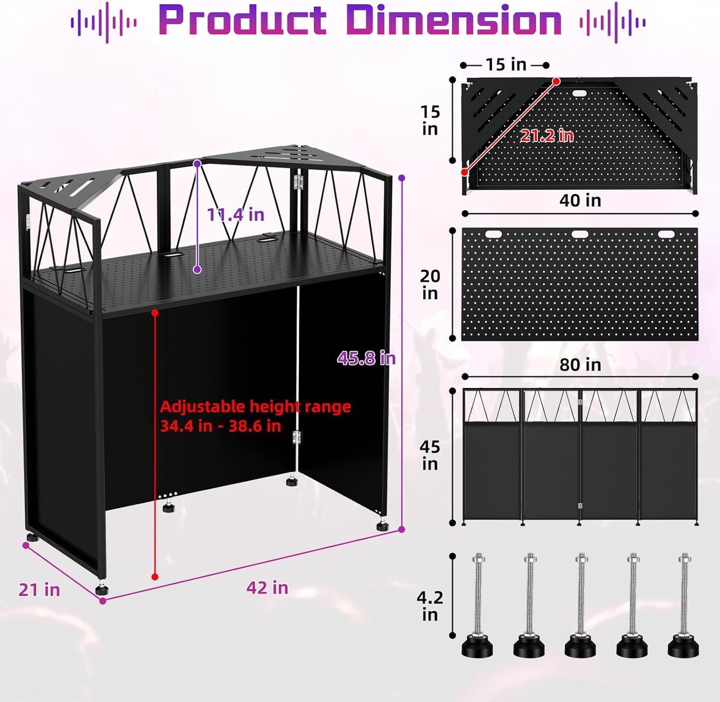 Portable DJ Booth Facade Stand, DJ Table Stand, DJ Facade Booth with White & Black Scrims, Includes Carry Bag & Two Top Corners Table, Tool-Free Setup, for Parties, Events, Studios (40"L x 20"W)