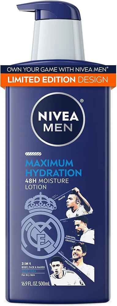 NIVEA MEN Real Madrid Limited Edition Design Maximum Hydration 48-Hour Moisture Body Lotion for Dry Skin, Aloe Vera Lotion for Men, 3-in-1 Body, Face and Hands, 16.9 Fl Oz Bottle