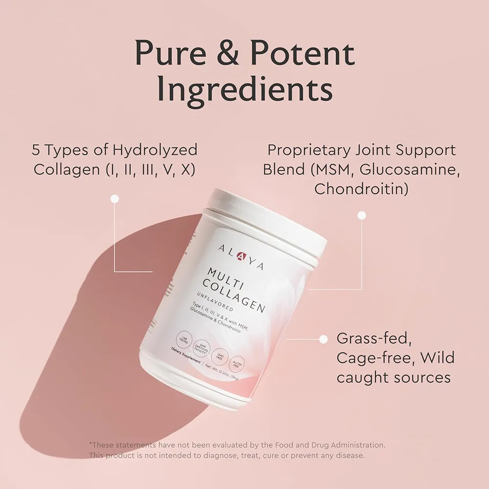 Alaya Multi Collagen Powder - Type I, II, III, V, X Hydrolyzed Collagen Peptides Protein Powder Supplement with MSM + GC  - NSF Certified - 