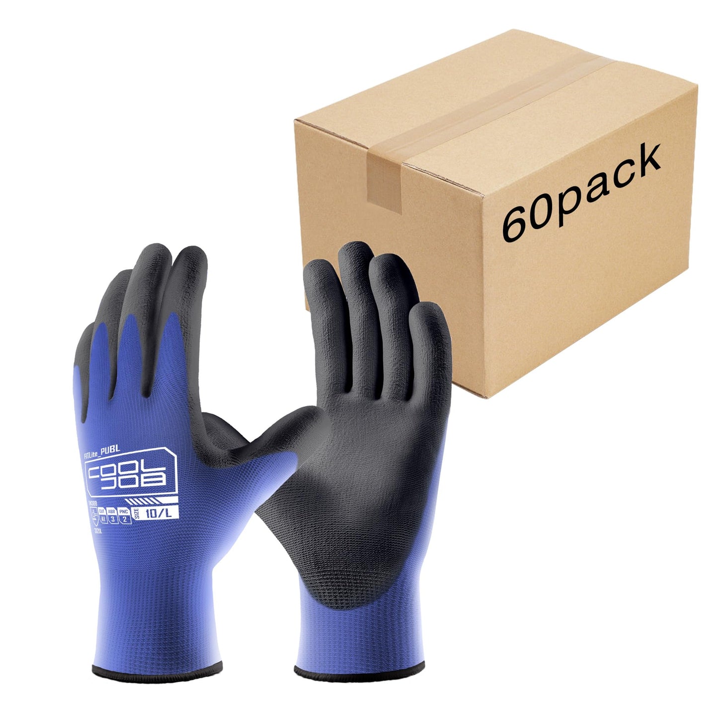 COOLJOB 12/60 Pairs Safety Work Gloves Pack Bulk with Grip PU Coating | Breathable Lightweight Gloves with Polyurethane Dipped for Men Women, 13 Gauge Seamless Knit Thin Gloves, Blue Large