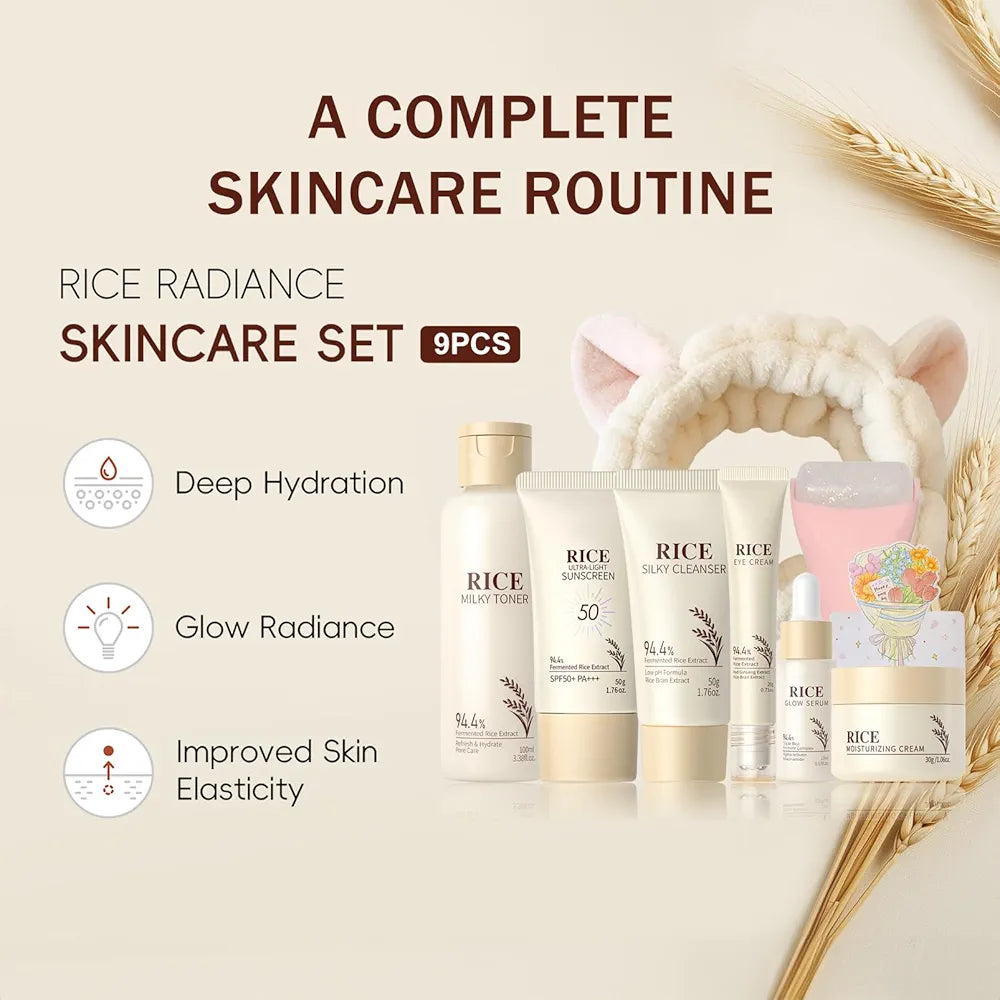 Rice Skincare Set for Women & Girls – Korean Skin Care Set with Rice Cleanser, Toner, Serum, Face Cream, Eye Cream, Sunscreen, Ice Roller, Headband & Card – Moisturizing & Skin Barrier Support 