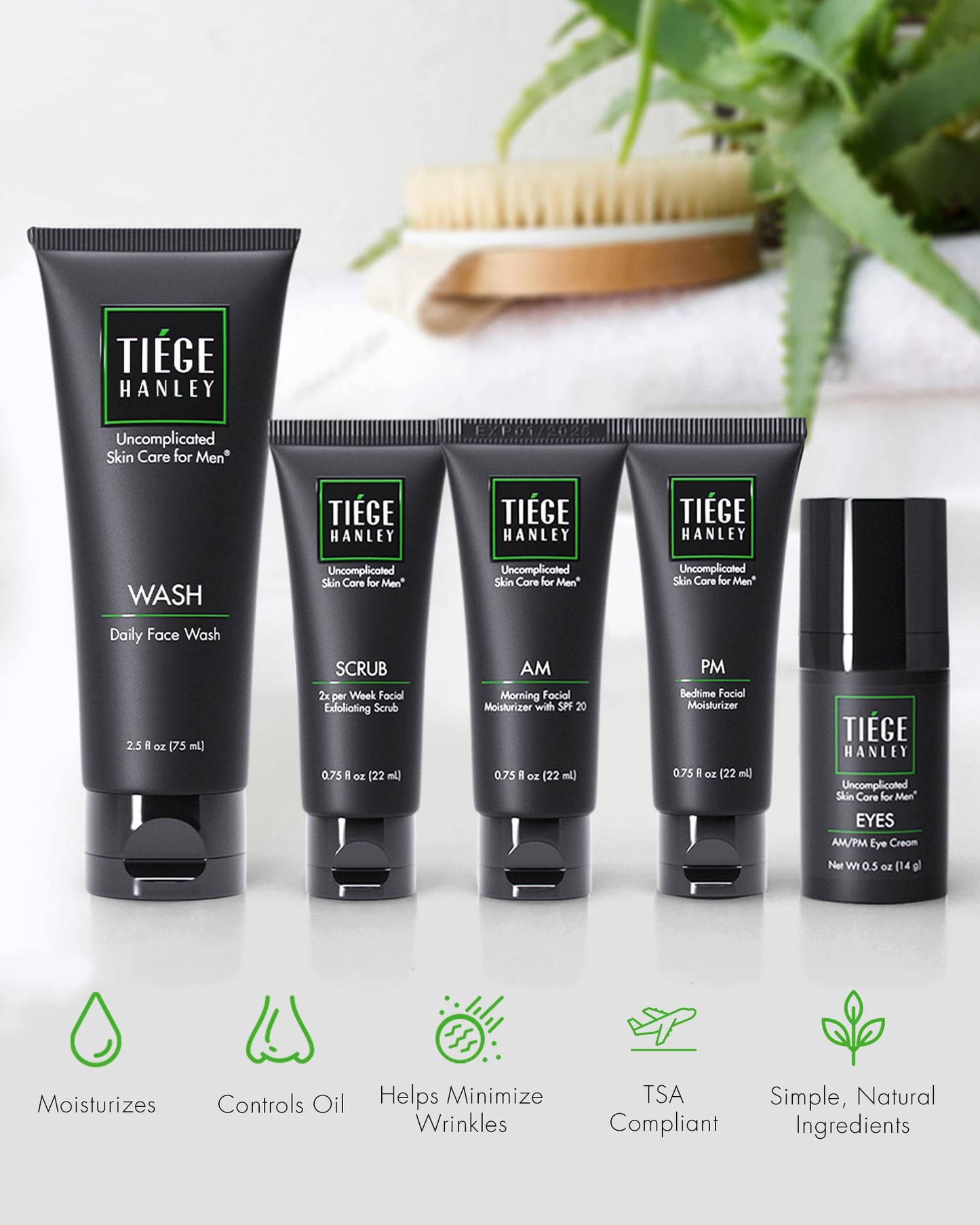 Tiege Hanley Essential Men's Skin Care Set, 30-Day, 4 Piece Kit | Level 1 Essential Routine, Daily Face Wash, Facial Scrub, AM SPF & PM Moisturizers