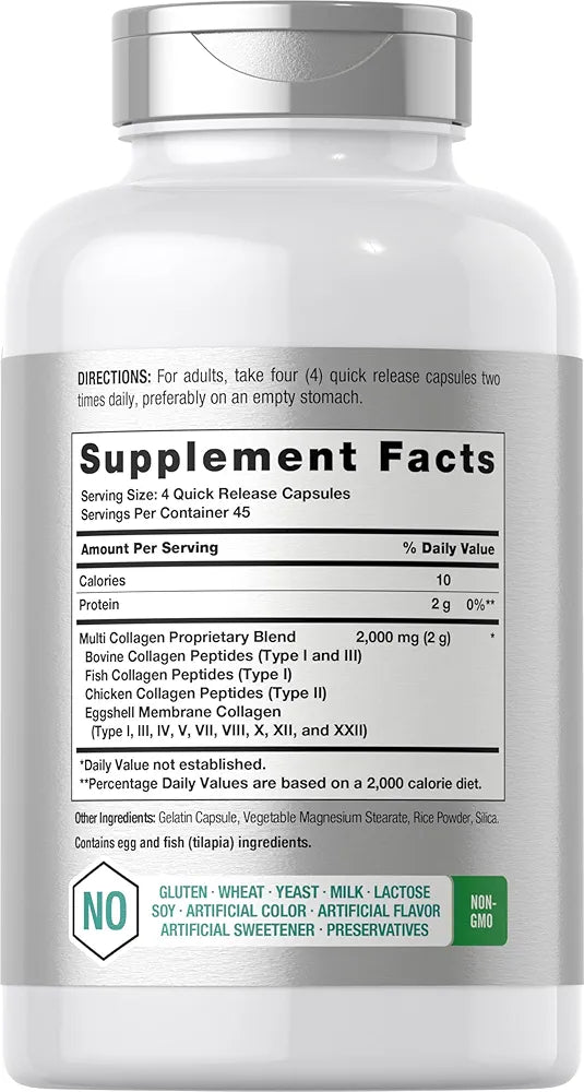 Horbäach Multi Collagen Protein 2000 mg | 180 Capsules | Hydrolyzed Collagen Type I, II, III, V, X | Keto & Paleo Friendly, Non-GMO, Gluten Free Supplement