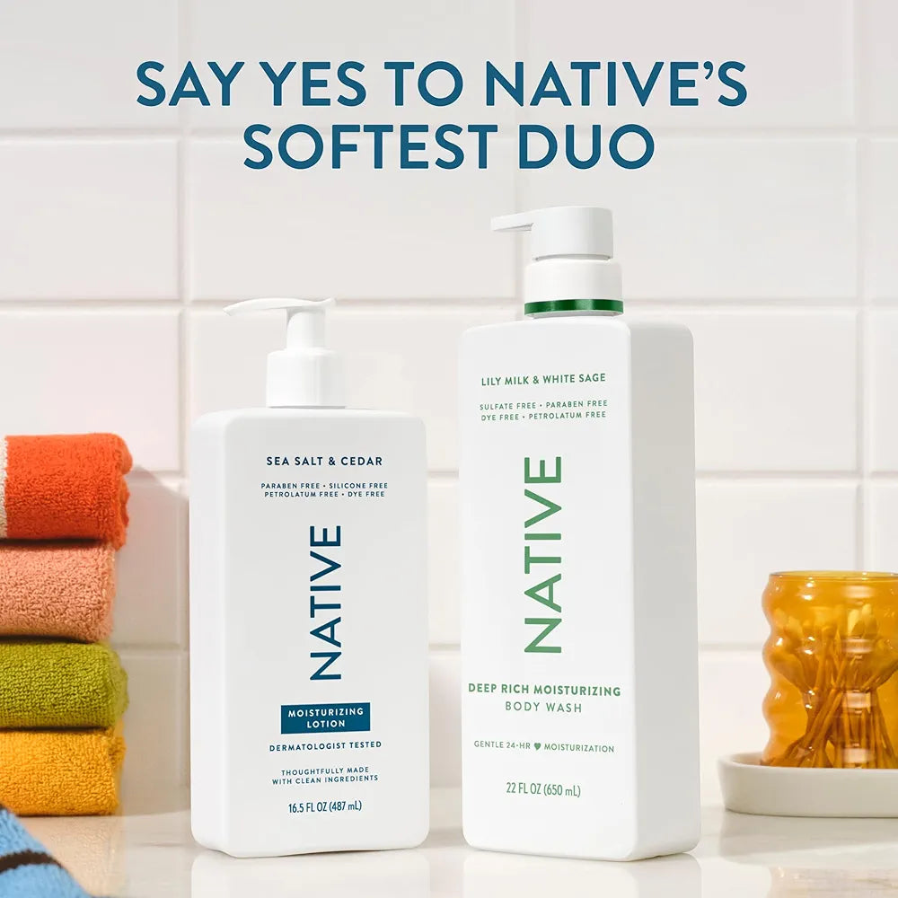 Native Body Lotion, Sea Salt & Cedar, 48-Hour Hydration for Dry & Sensitive Skin, Made with Plant-Based Moisturizers like Shea Butter, Silicone & Paraben Free, 16.5 fl oz