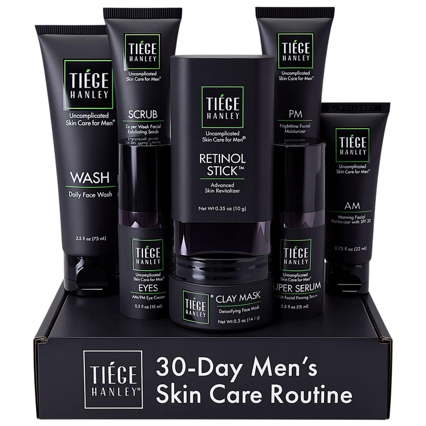 Tiege Hanley Essential Men's Skin Care Set, 30-Day, 4 Piece Kit | Level 1 Essential Routine, Daily Face Wash, Facial Scrub, AM SPF & PM Moisturizers