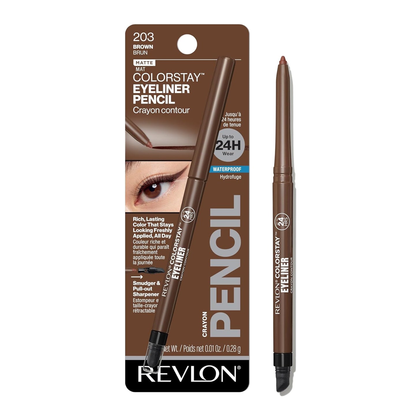Revlon ColorStay Pencil Waterproof Eyeliner, Smudge-Proof, Eye Makeup with Built-In Sharpener, Long-Lasting, Matte Finish, 202 Black Brown, 0.01 oz | Waterproof pencil eyeliner with built-in sharpener. Smudge-proof, long-lasting, intense matte color.
