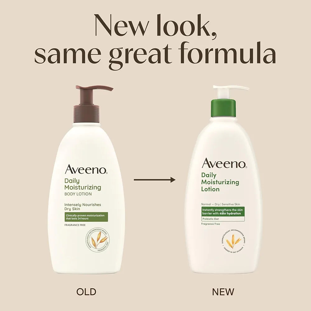Aveeno Daily Moisturizing Body Lotion with Prebiotic Oat for Normal to Dry Skin, Fragrance-Free, 18 Fl Oz