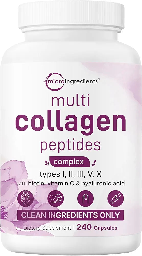 Micro Ingredients Multi Collagen Pills for Women & Men, 240 Capsules | Type I, II, III, V, X | Hydrolyzed Protein Peptides with Biotin, Hyaluronic Acid, & Vitamin C Complex | Keto & Paleo Friendly