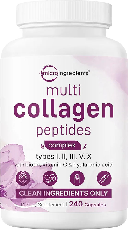 Micro Ingredients Multi Collagen Pills for Women & Men, 240 Capsules | Type I, II, III, V, X | Hydrolyzed Protein Peptides with Biotin, Hyaluronic Acid, & Vitamin C Complex | Keto & Paleo Friendly