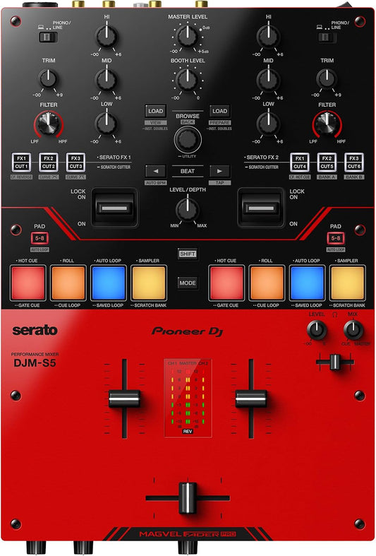 Pioneer DJ DJM-S5 2-channel Mixer for Serato DJ,Red/Black