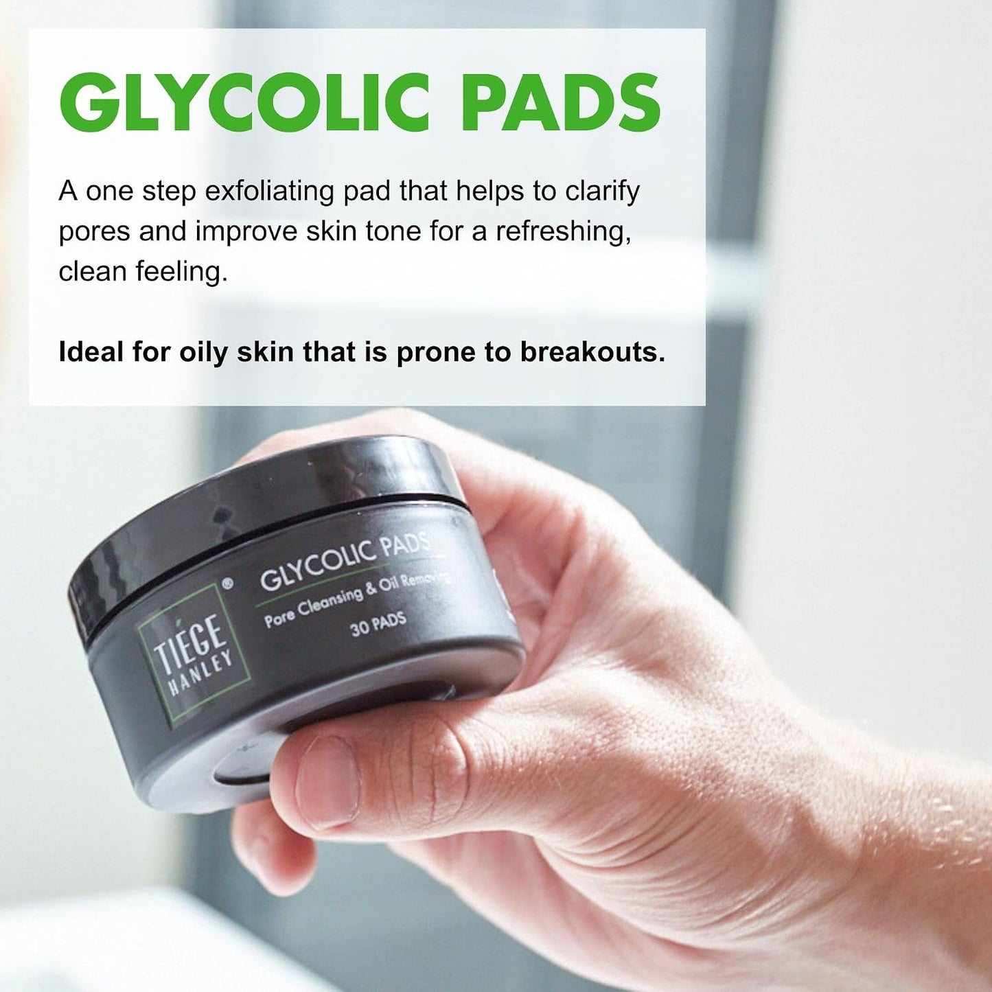 Tiege Hanley Glycolic Acid Pads for Men, Face Wipes, 30 Count | Men's Skin Care, Exfoliating Face Cleansing Pads for Forehead, Nose & Cheeks, With Glycolic, Salicylic & Lactic Acid