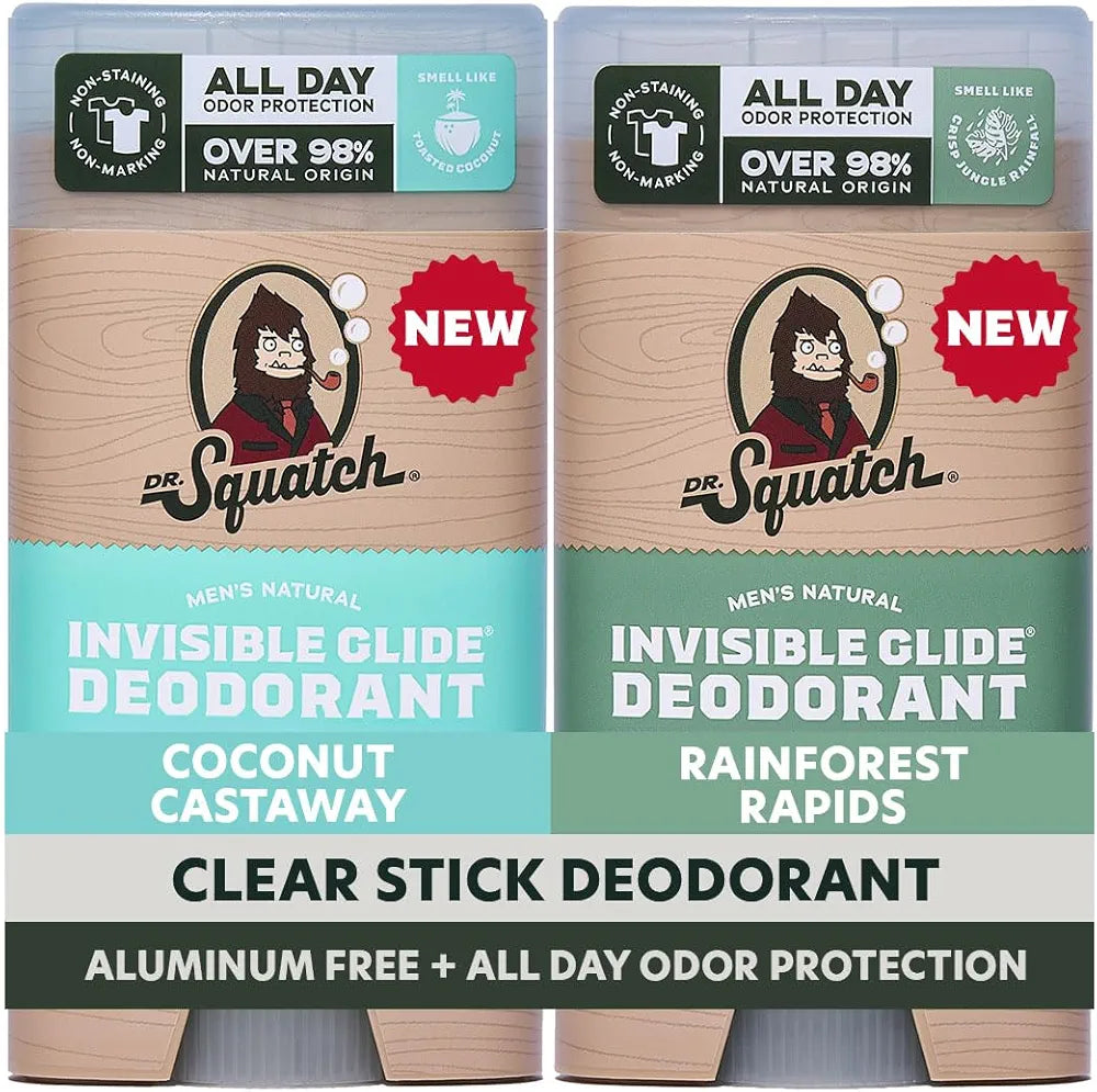 Dr. Squatch Invisible Glide Natural Men’s Deodorant – Smooth Glide, No Stains – Aluminum Free Deodorant Men – Safe for Sensitive Skin – Coconut Castaway + Rainforest Rapids, 2.65oz 