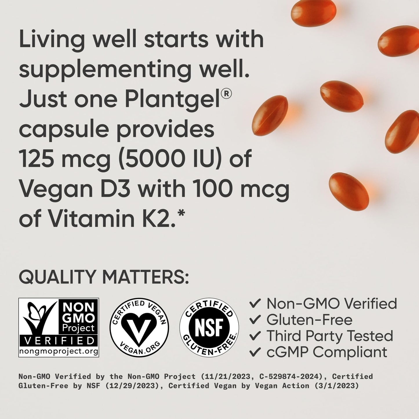 Sports Research® Vitamin D3 + K2 w/ Coconut Oil - Vegan Vitamin D 5000iu & Mk7 Vitamin K 100mcg for Bone & Immune Support - Vegan Certified · Non-GMO · Soy Free - 60 Softgels