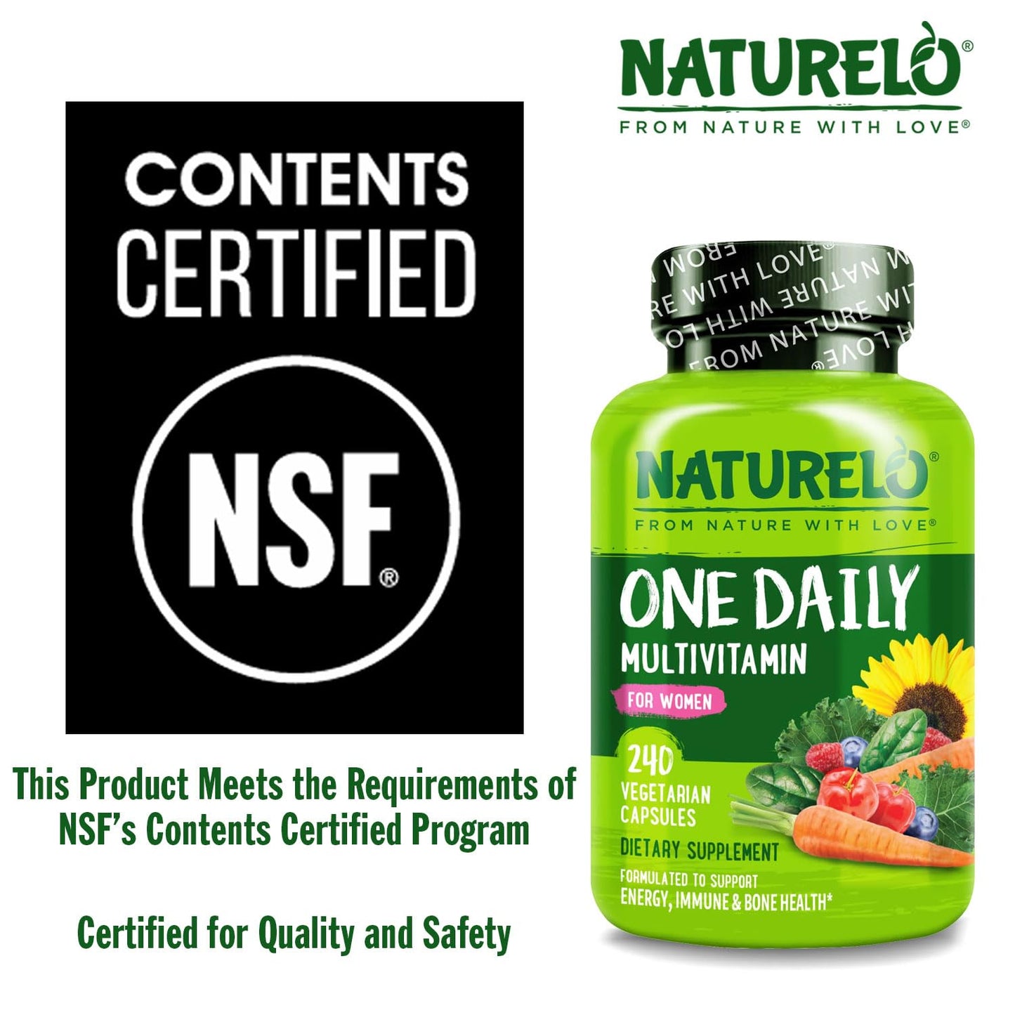 NATURELO One Daily Multivitamin for Women w/Vitamin B12, 120 Ct, Energy Support, Whole Food Daily Women Multivitamin Supplement, Nourish Hair/Skin/Nail, Non-GMO, No Soy, Gluten Free, 4 Month Supply