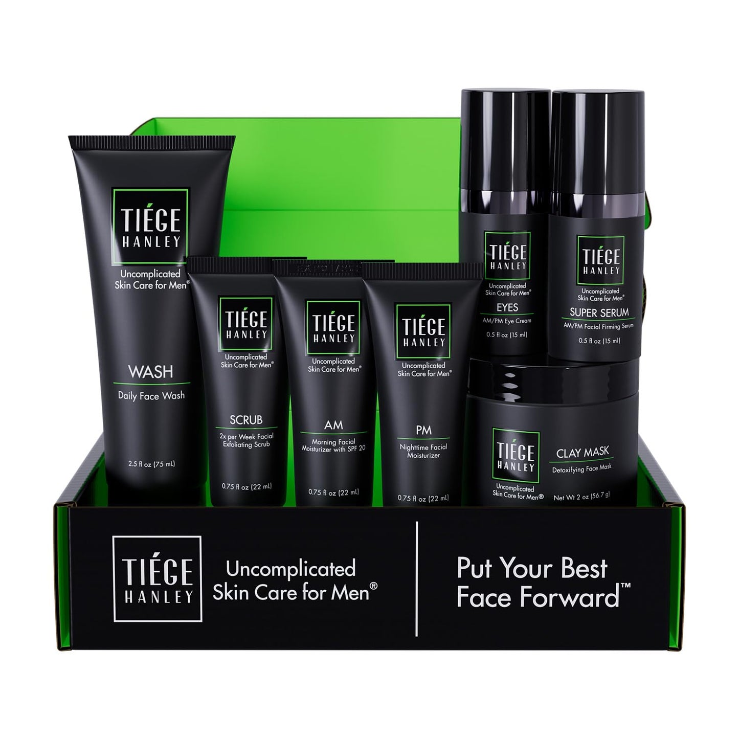 Tiege Hanley Essential Men's Skin Care Set, 30-Day, 4 Piece Kit | Level 1 Essential Routine, Daily Face Wash, Facial Scrub, AM SPF & PM Moisturizers