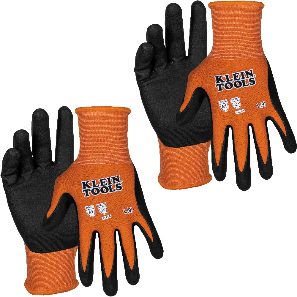 KLEIN TOOLS 60580 Work Gloves, Knit Dipped Cut Resistant ANSI A1 Nitrile Coated Gloves, Nylon-Spandex, Touchscreen Capable, Medium, 2-Pair
