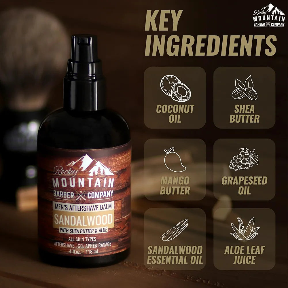 Rocky Mountain Barber Company Sandalwood Aftershave Balm for Men - Moisturizing Shea & Coconut Oil Formula - 4 oz