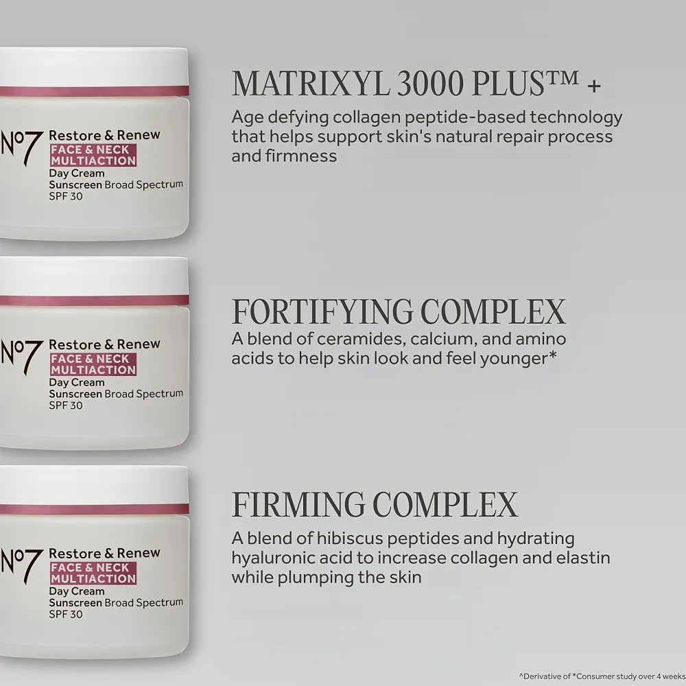 No7 Restore & Renew Multi Action Face & Neck Cream SPF 30 - Anti-Aging Moisturizer with Hyaluronic Acid, Peptides, and Ceramides for Firming and Hydrating Crepey Skin