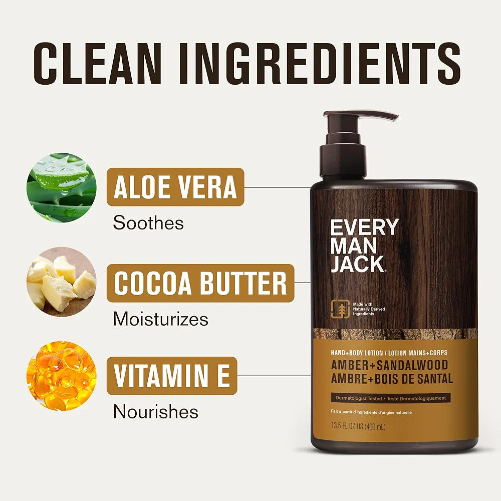 Every Man Jack Amber + Sandalwood Hand & Body Lotion, 13.5oz - Hypoallergenic & Fast-Absorbing