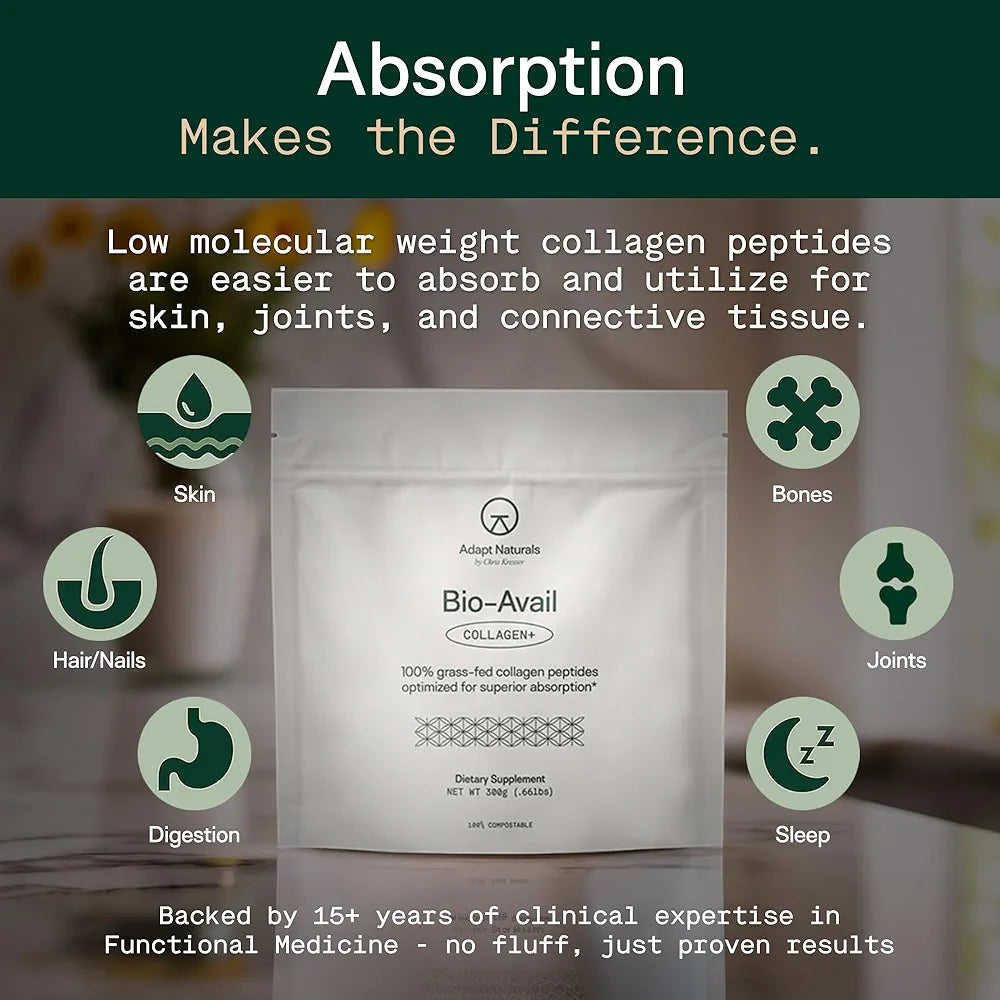 Adapt Naturals by Chris KRESSER Bio-Avail Collagen+, Grass Fed Collagen Peptides, Optimized for Superior Absorption, Naturally-Sourced Bio-Avail Collagen Supplements for Women and Men, 30 Day Supply