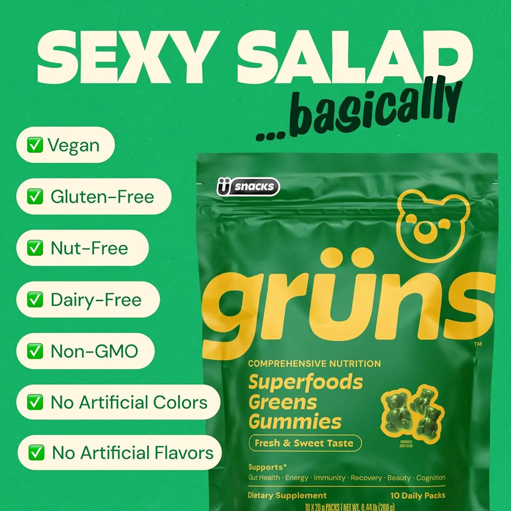 Gruns Adults Super Greens Gummies, Multivitamin Superfood Gummy Bears, Spirulina, Chlorella, Prebiotics & Fiber Gummies for Digestive Health, Adaptogens Supplement, 20 Vitamins & Minerals, 10 Count