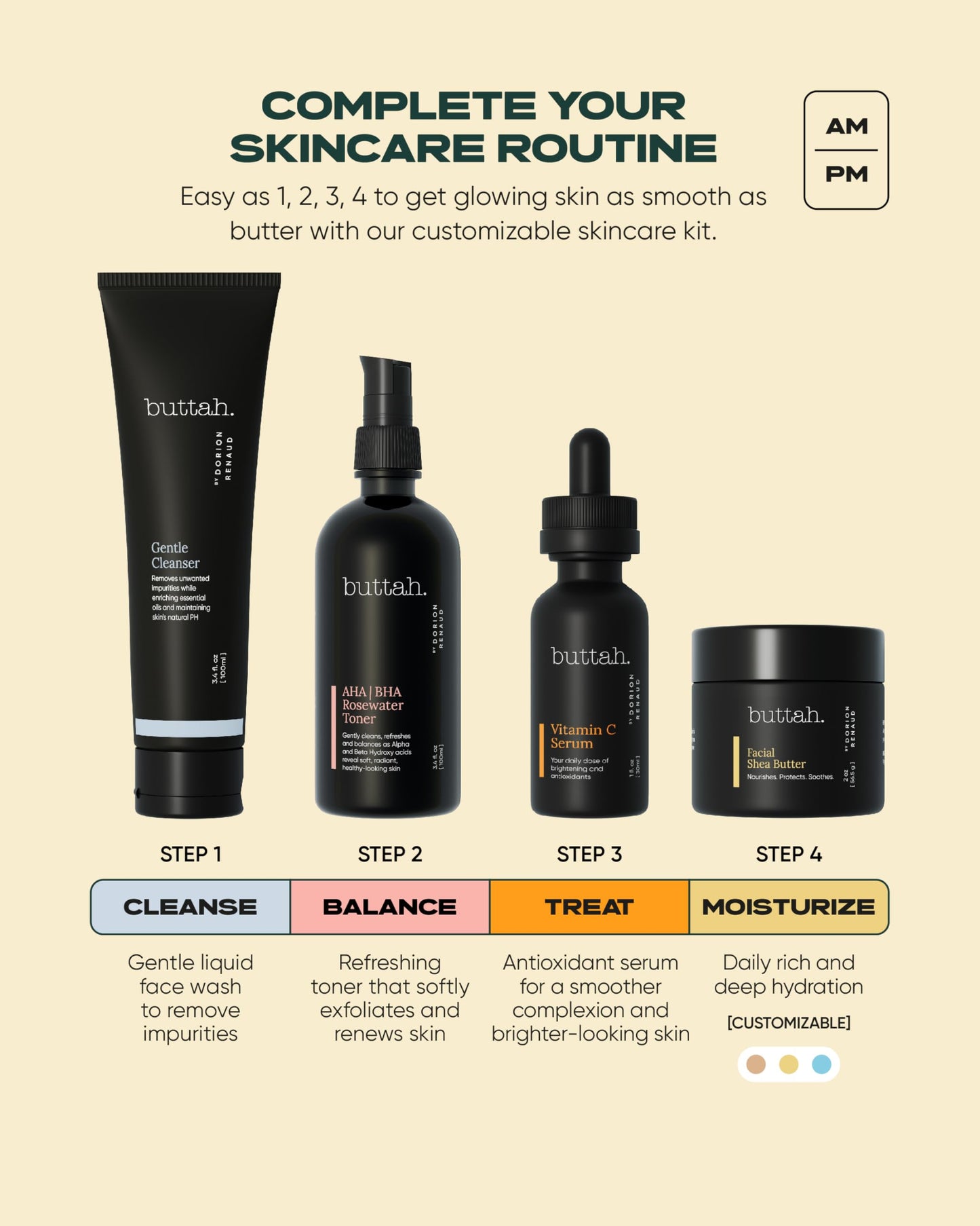 Buttah Skin Supreme Kit for Melanin Rich Skin | CocoShea Revitalizing Cream 2 oz | Vitamin C Serum 1 oz | Cleanser 3.4 oz | Rosewater Toner 3.4 oz | Black Owned Skincare