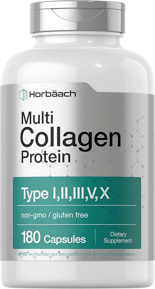 Horbäach Multi Collagen Protein 2000 mg | 180 Capsules | Hydrolyzed Collagen Type I, II, III, V, X | Keto & Paleo Friendly, Non-GMO, Gluten Free Supplement