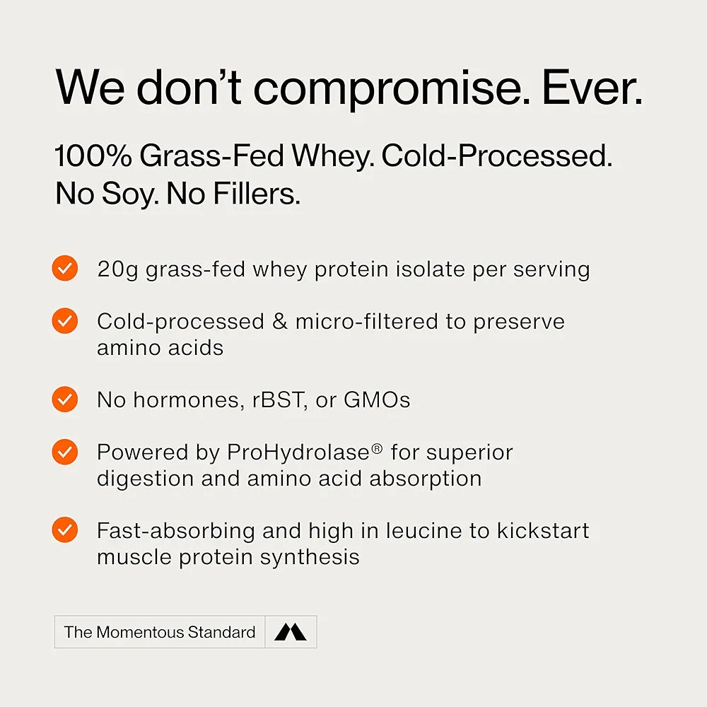 Momentous Essential Grass-Fed Whey Protein Powder - 20 g Whey Isolate Protein - NSF Certified for Sport - Gluten-Free - 25 Servings for Essential Everyday Use - Unflavored - Package May Vary