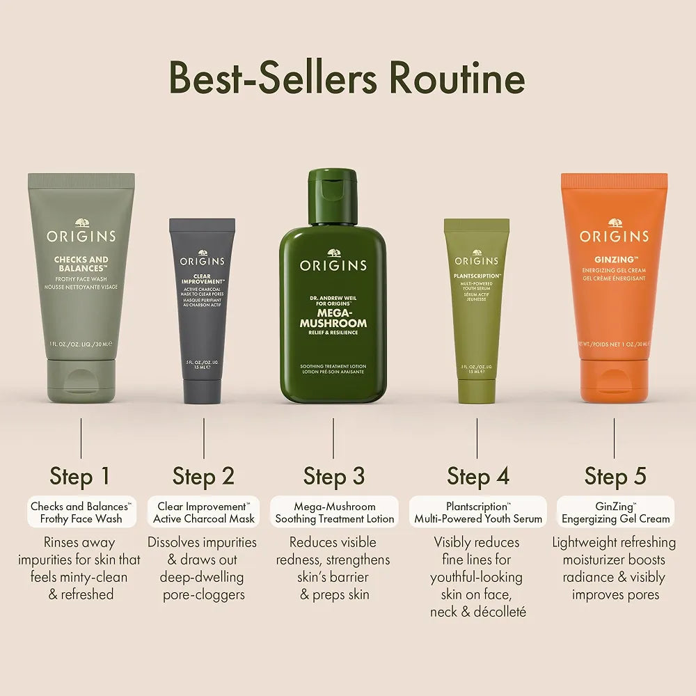 Origins Ultimate Skincare Essentials Set: Cleanser, Mask, Treatment Lotion, Serum, and Moisturizer with Peptides, Hyaluronic Acid, and Niacinamide