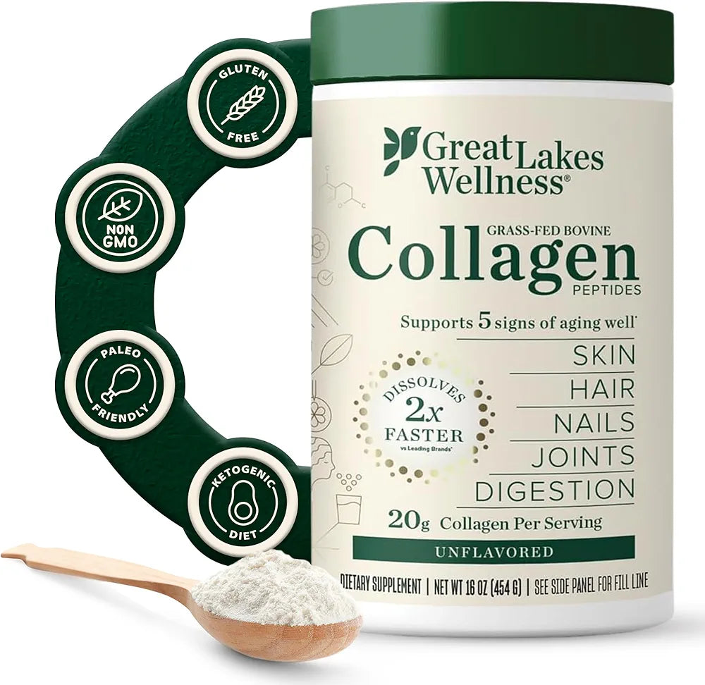 Great Lakes Wellness Collagen Peptides Powder – Supports Skin, Hair, Nails, Joints & Digestion – Hydrolyzed, Quick Dissolve, Non-GMO, Keto & Kosher – Pure Collagen Protein 
