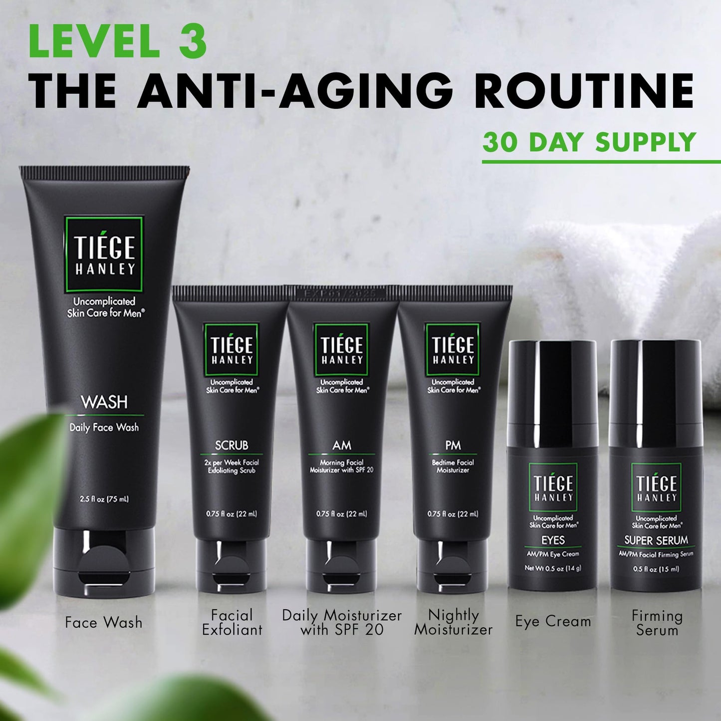 Tiege Hanley Essential Men's Skin Care Set, 30-Day, 4 Piece Kit | Level 1 Essential Routine, Daily Face Wash, Facial Scrub, AM SPF & PM Moisturizers