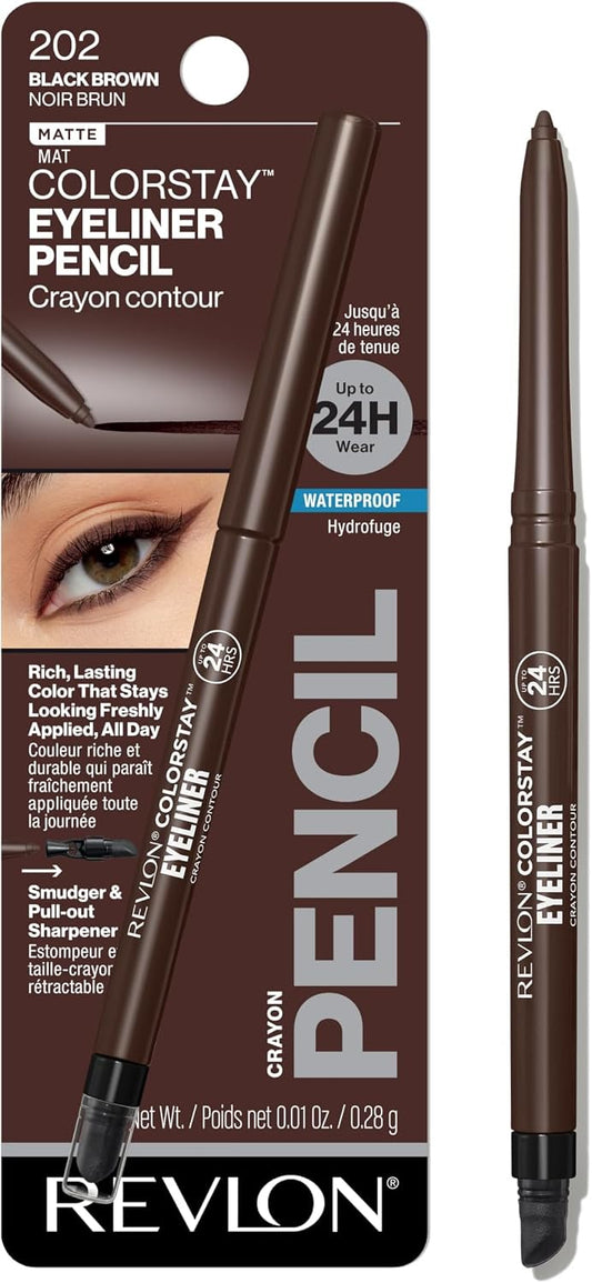 Revlon ColorStay Pencil Waterproof Eyeliner, Smudge-Proof, Eye Makeup with Built-In Sharpener, Long-Lasting, Matte Finish, 202 Black Brown, 0.01 oz | Waterproof pencil eyeliner with built-in sharpener. Smudge-proof, long-lasting, intense matte color.