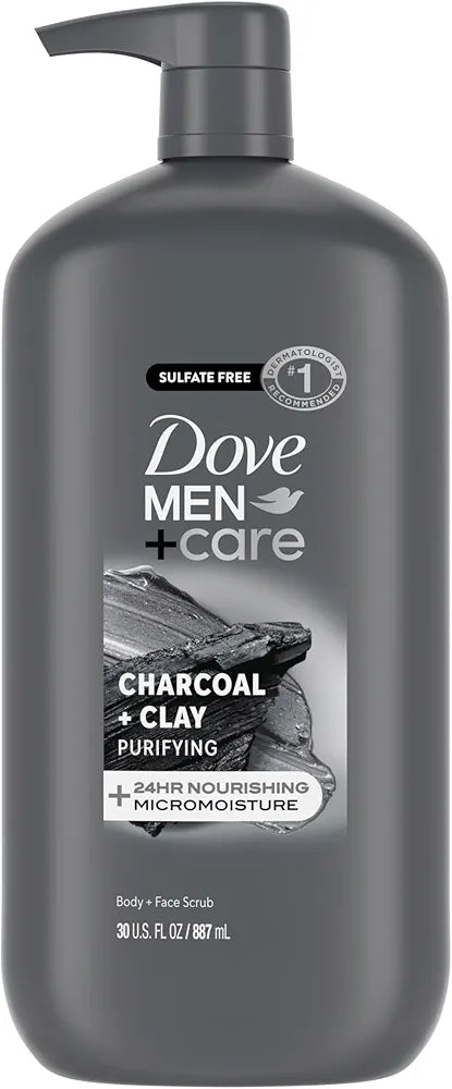 DOVE MEN + CARE Body and Face Scrub Charcoal + Clay Body Wash for Men with 24-Hour Nourishing Micromoisture Technology 30 oz