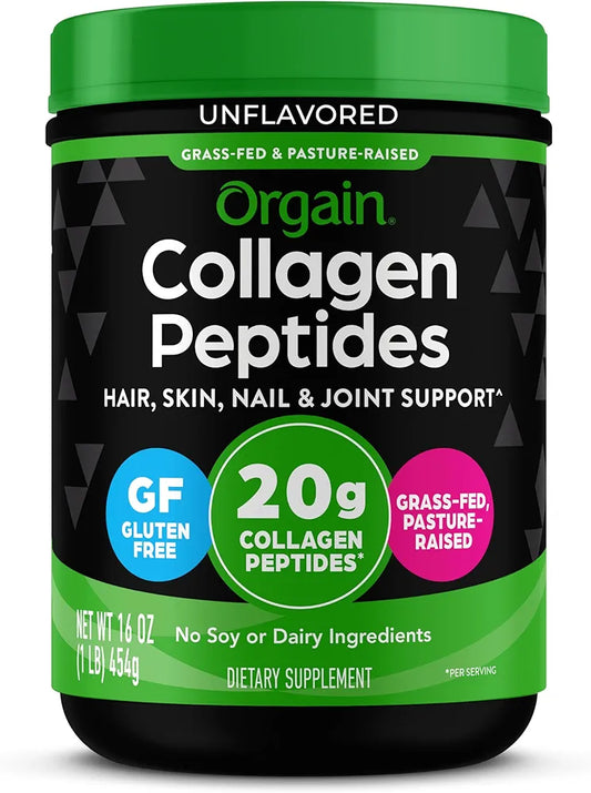 Orgain Hydrolyzed Collagen Peptides Powder For Women & Men, 20g Grass Fed Collagen, Unflavored - Hair, Skin, Nail, & Joint Support Supplement, Paleo & Keto, Non-GMO, Type I and III, 1lb