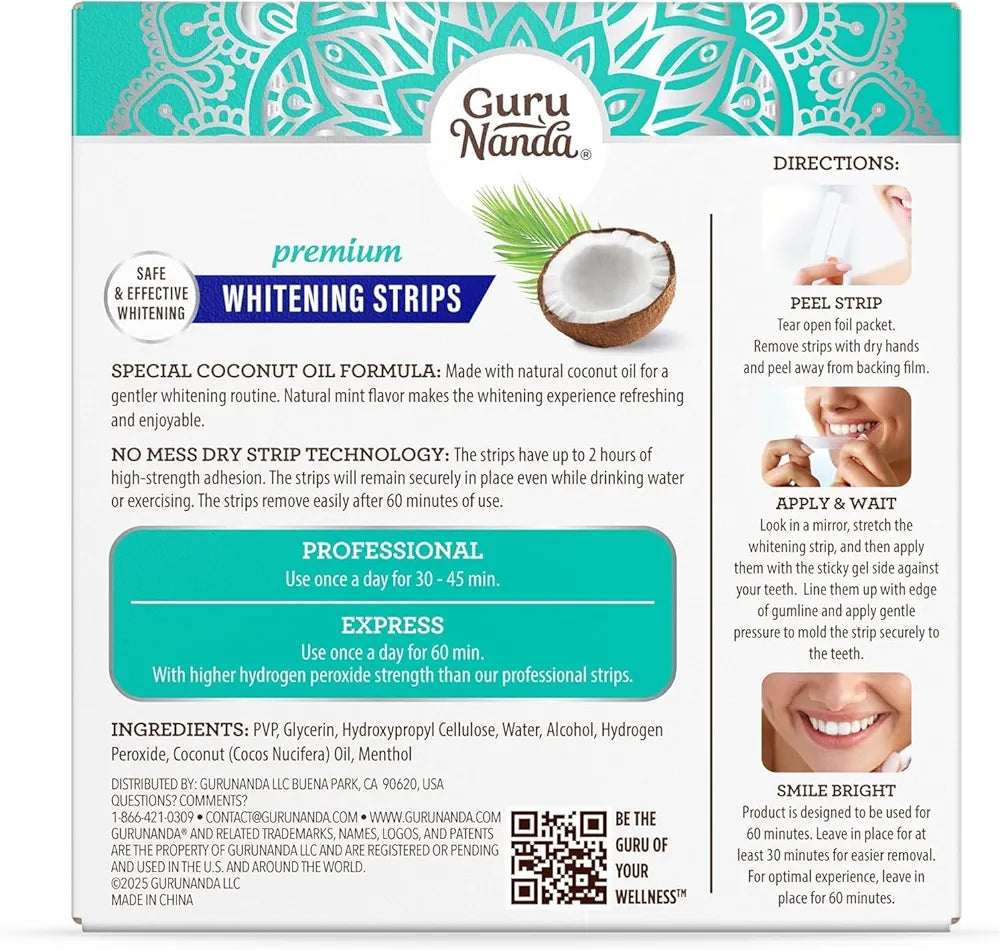 GuruNanda Teeth Whitening Strips Kit - 7-Day Treatment with Non-Slip, Dry Strip Technology - Whitening Designed with Care for a Brighter Smile