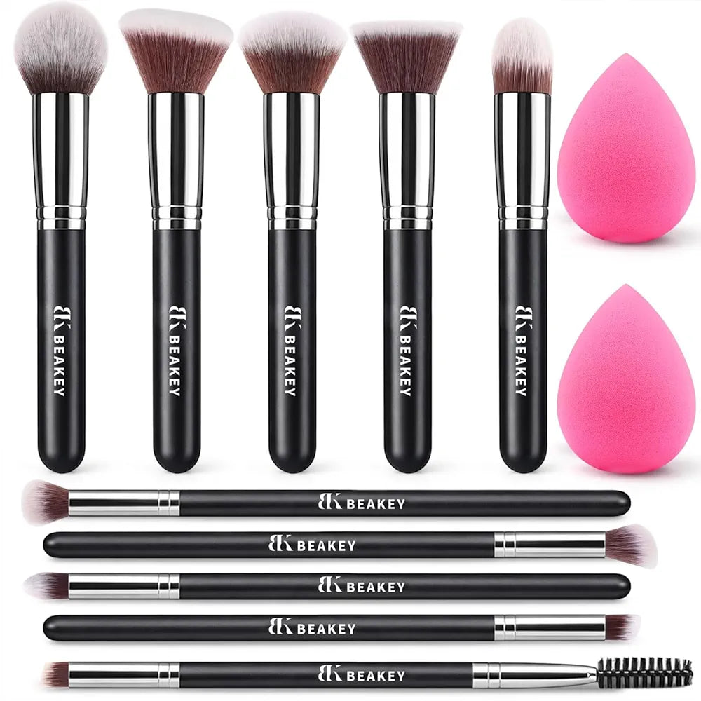 BEAKEY Professional 10-Piece Makeup Brush Set with 2 Blender Sponges and Travel Case