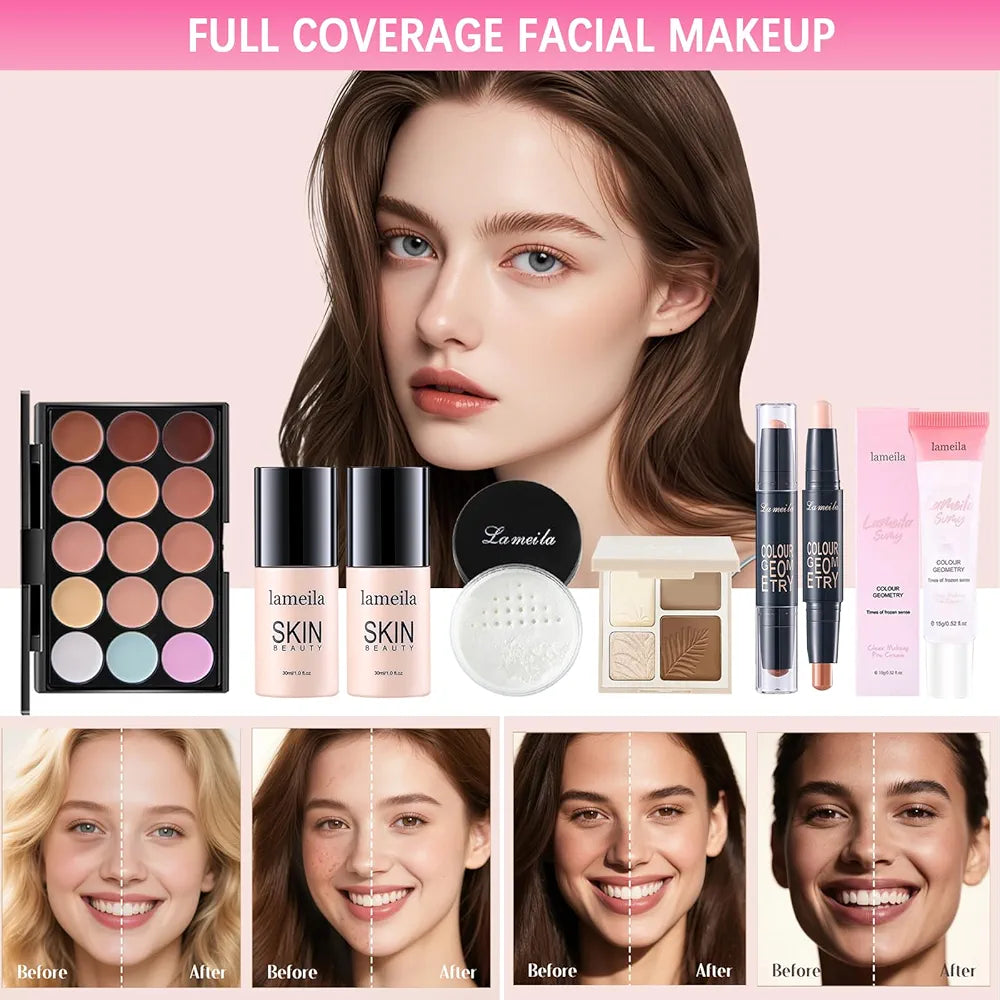 Professional All-in-One Makeup Kit: Complete Cosmetic Bundle with Eyeshadow, Foundation, Eyeliner, Contour, Lip Gloss, and Brushes