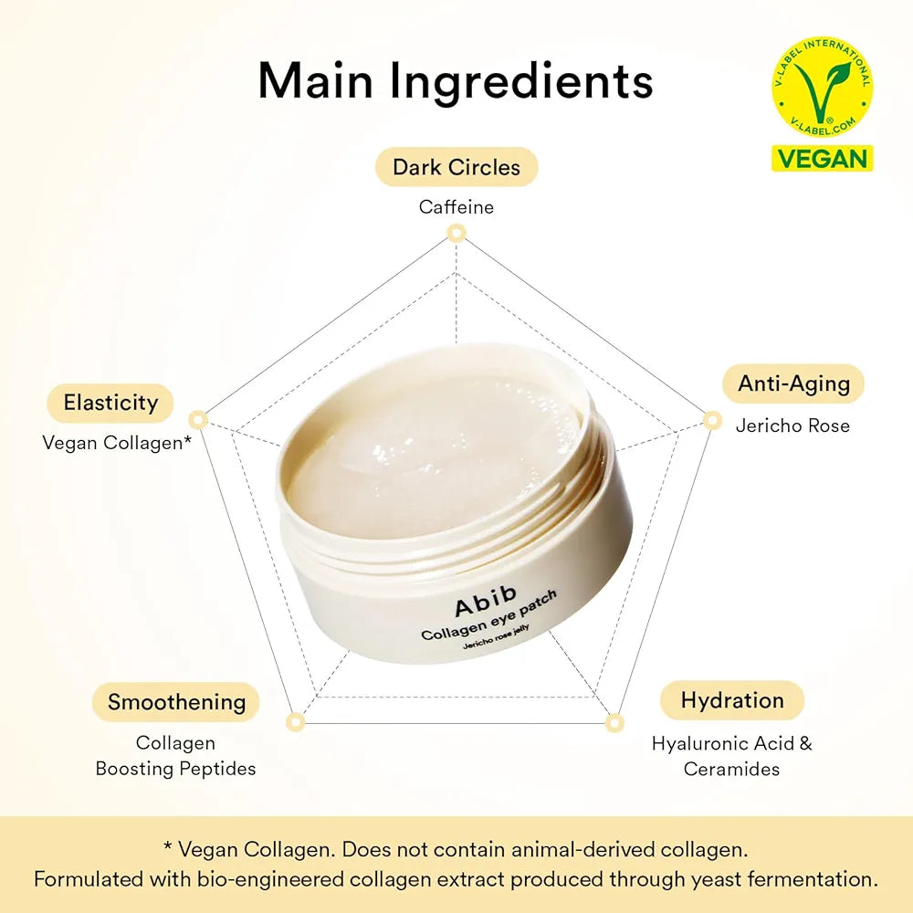 Abib Vegan Collagen Eye Patches for Wrinkles & Fine Line with Jericho Rose Jelly & Peptides, 60 Count, Korean Skin Care