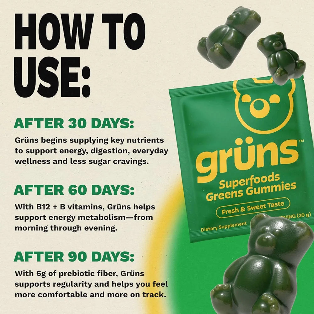 Gruns Adults Super Greens Gummies, Multivitamin Superfood Gummy Bears, Spirulina, Chlorella, Prebiotics & Fiber Gummies for Digestive Health, Adaptogens Supplement, 20 Vitamins & Minerals, 10 Count