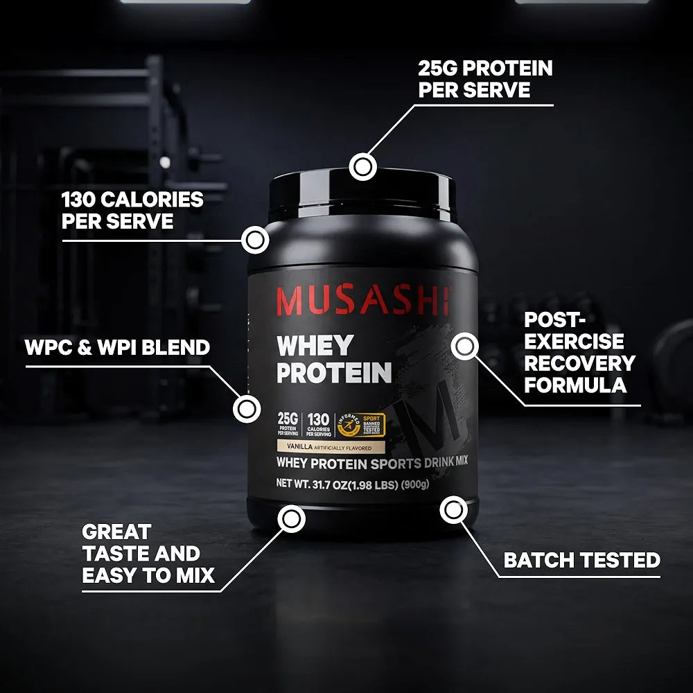 Musashi Whey Protein Powder, Vanilla, 900g , WPC & WPI Blend, 25g Protein, 130 Calories per Serving