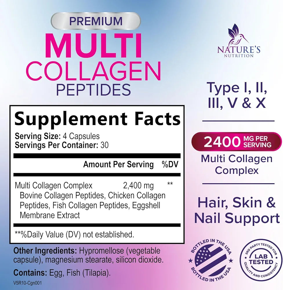 Multi Collagen Complex Pills - Hydrolyzed Collagen Peptides Capsules for Women & Men - Types I, II, III, V, X Multi Collagen - Hair, Skin & Nails Support Supplement - Bottled in USA - 120 Capsules