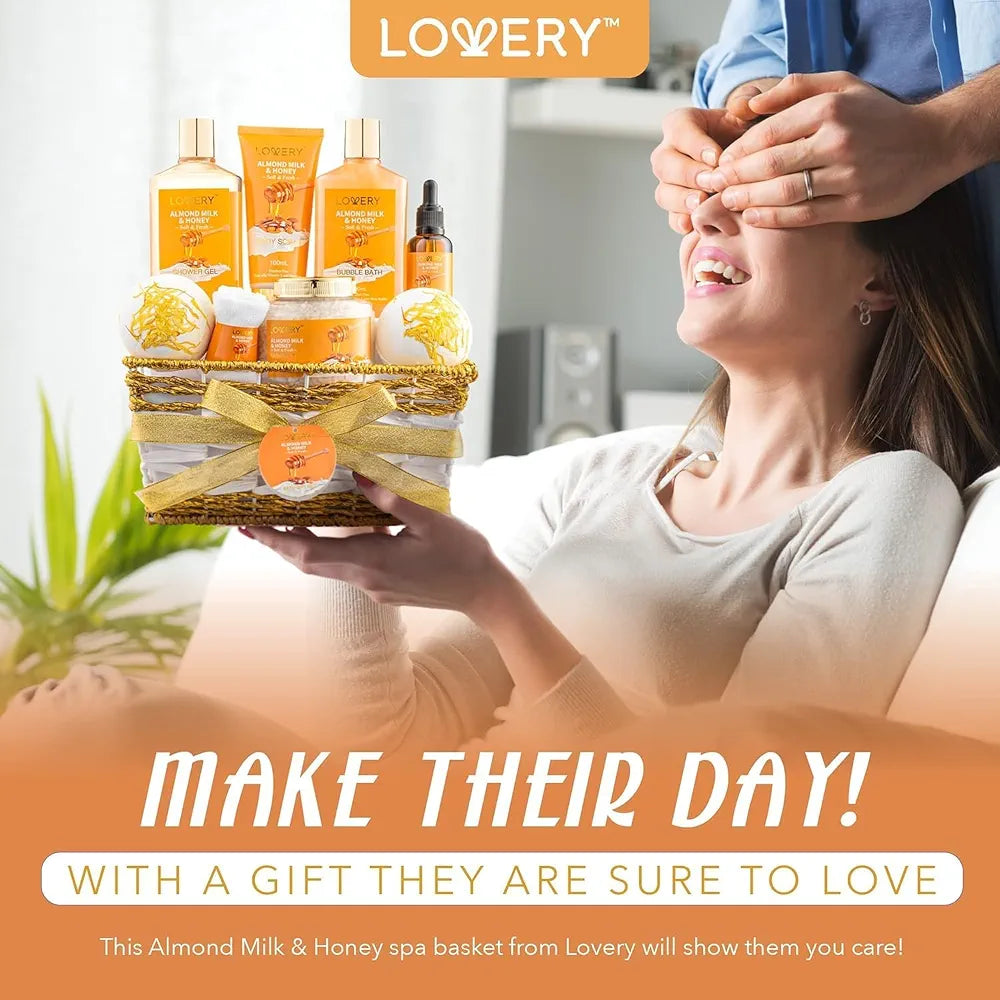 Almond Milk & Honey 10-Piece Spa Gift Basket for Women - Self Care Bath & Body Pampering Set