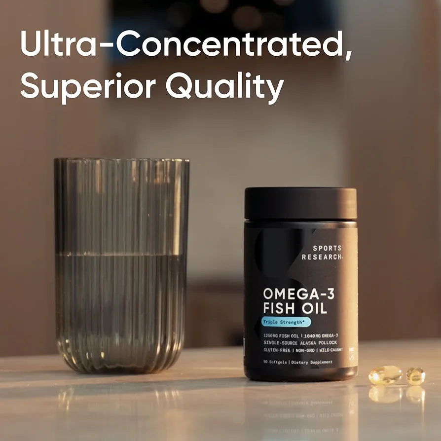 Sports Research Triple Strength Omega 3 Fish Oil 1250mg from Wild Alaskan Pollock - Burpless Fish Oil Supplement with Omega-3 EPA & DHA - Sustainably Sourced, Non-GMO, Gluten Free - 30 Softgels