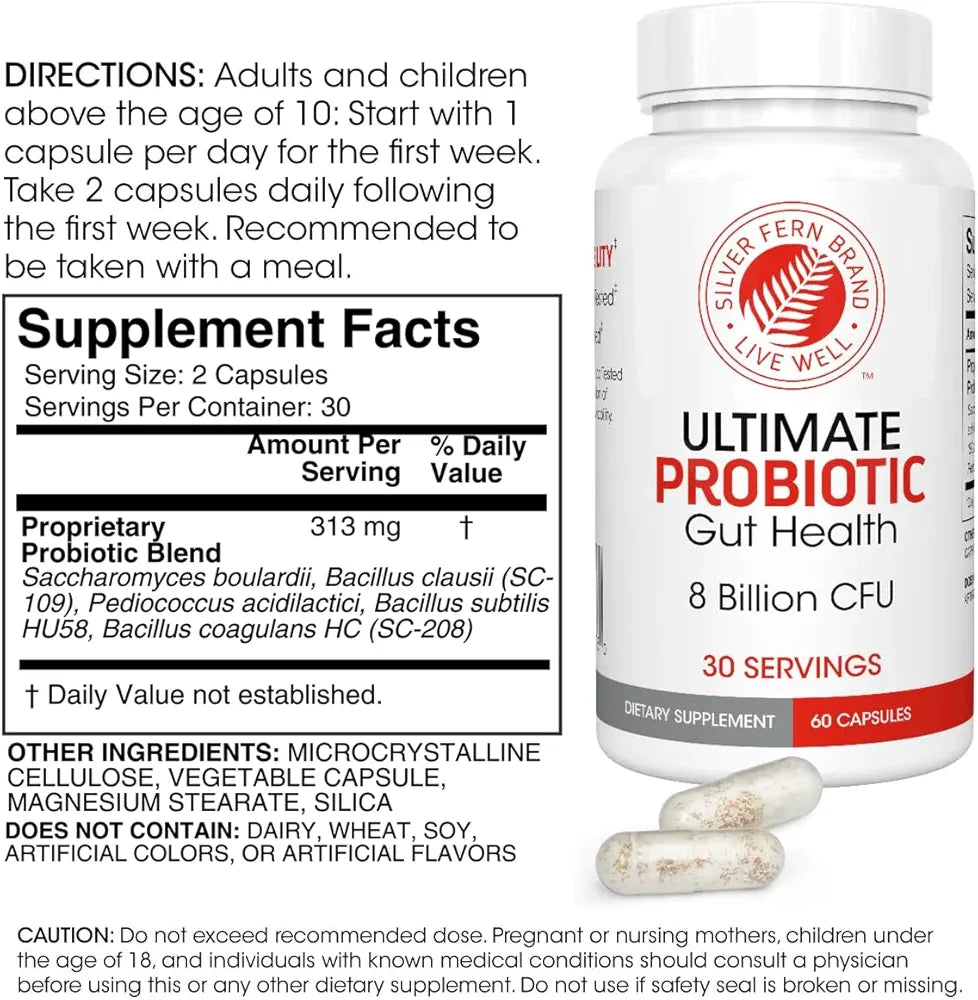 Silver Fern Ultimate Probiotic 2-Pack – Probiotics for Women & Men – 8 Billion CFU Spore-Forming Gut Health Supplement – DNA Verified, Vegan Probiotic, Shelf-Stable, High Survivability – 120 Capsules
