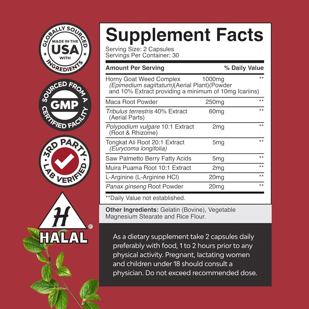 Horny Goat Weed for Men - Extra Strength Male Supplement with Black Maca Root, Tongkat Ali, Saw Palmetto & Panax Ginseng Extract for Stamina & Energy - 60 Count